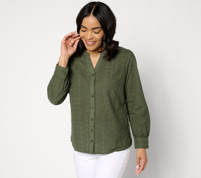 Denim & Co. Cotton Eyelet Button Down Shirt — View 12