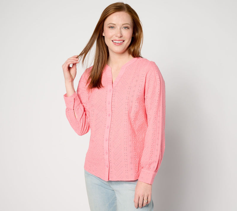 Denim & Co. Cotton Eyelet Button Down Shirt — View 2