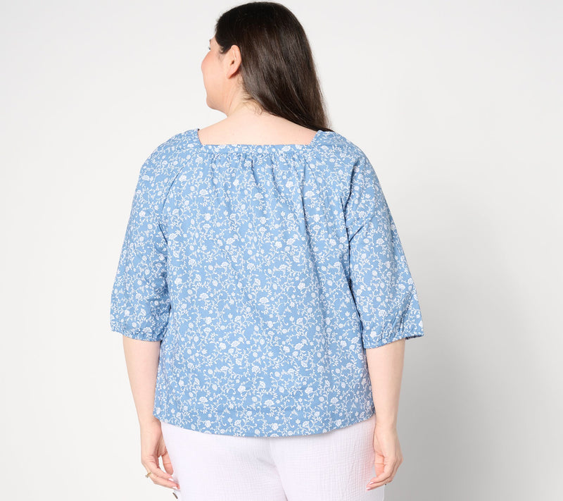 Denim & Co. Printed Square Neck Blouse with Pleating Detail — View 2