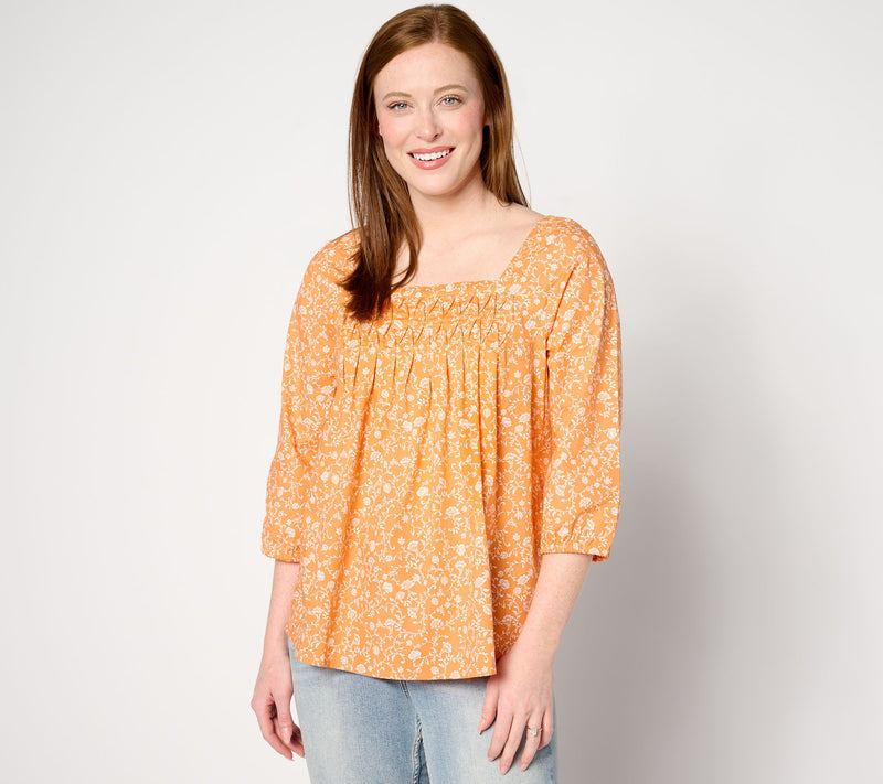 Denim & Co. Printed Square Neck Blouse with Pleating Detail — View 10
