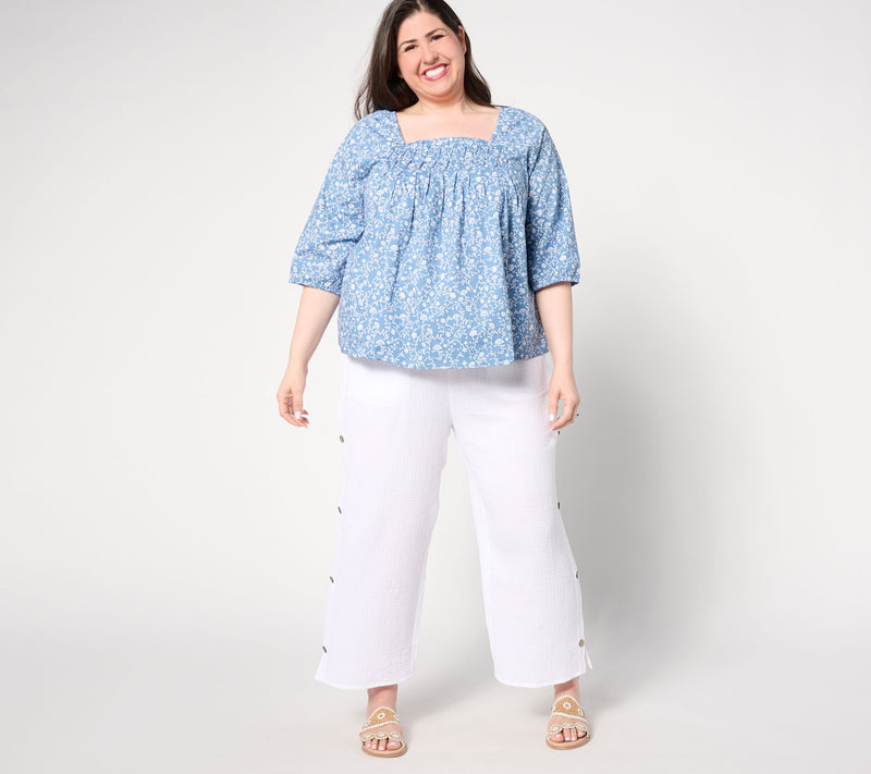 Denim & Co. Printed Square Neck Blouse with Pleating Detail — View 3