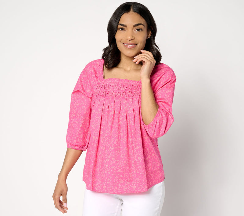 Denim & Co. Printed Square Neck Blouse with Pleating Detail — View 11