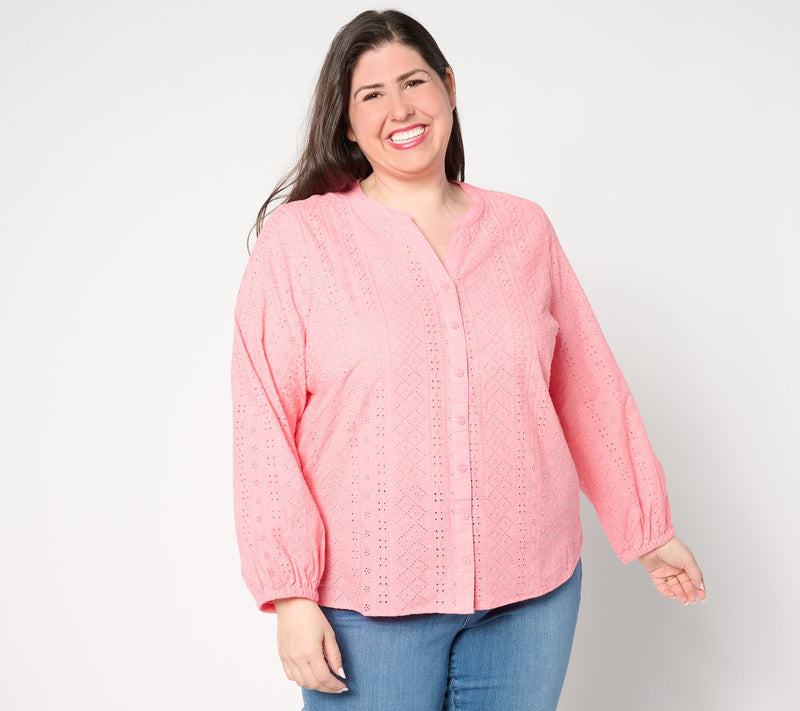 Denim & Co. Adaptive Cotton Eyelet Button Down Shirt — Main view