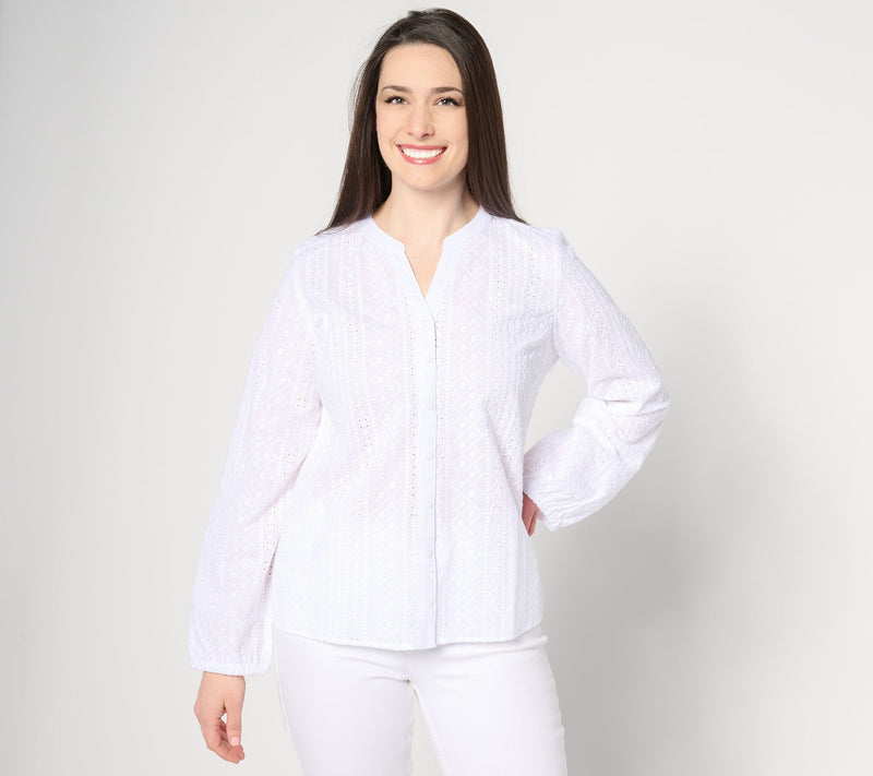 Denim & Co. Adaptive Cotton Eyelet Button Down Shirt — View 6