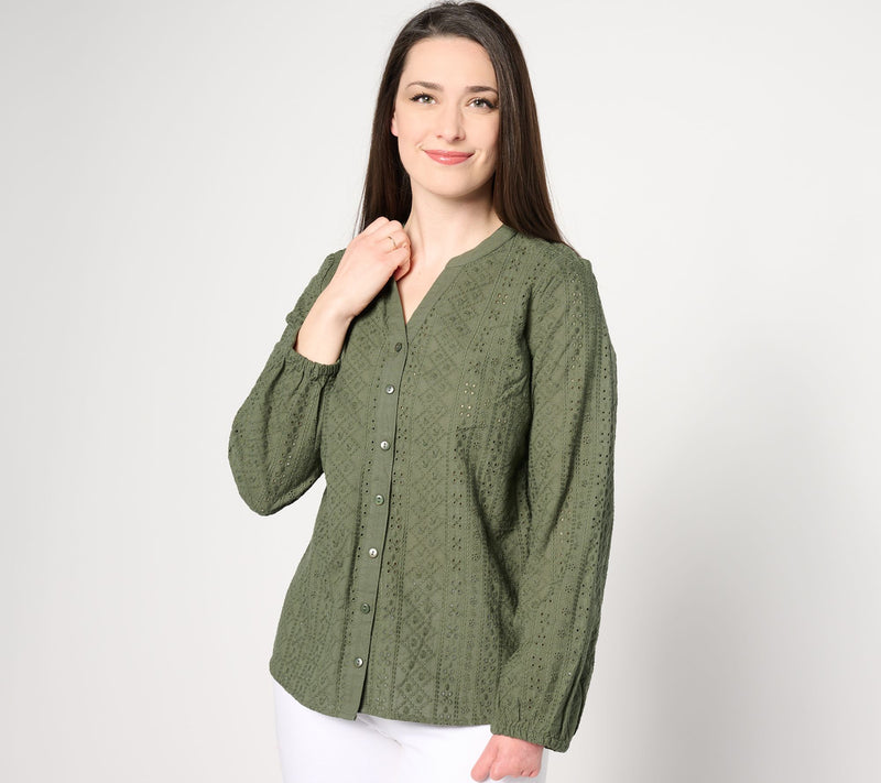 Denim & Co. Adaptive Cotton Eyelet Button Down Shirt — View 3