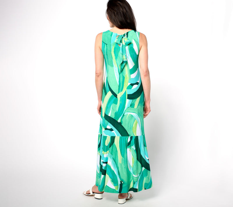 Susan Graver Regular Printed Liquid Knit A-Line Back Tie Maxi Dress — View 16