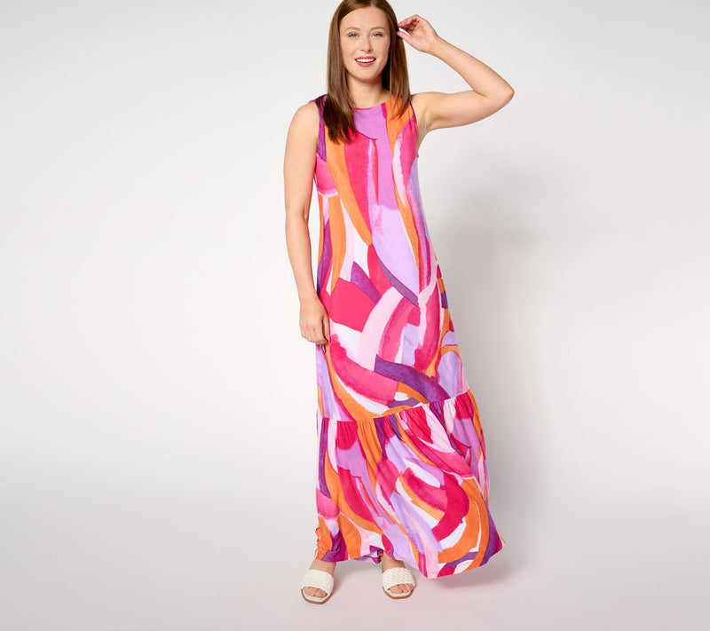 Susan Graver Regular Printed Liquid Knit A-Line Back Tie Maxi Dress — View 5