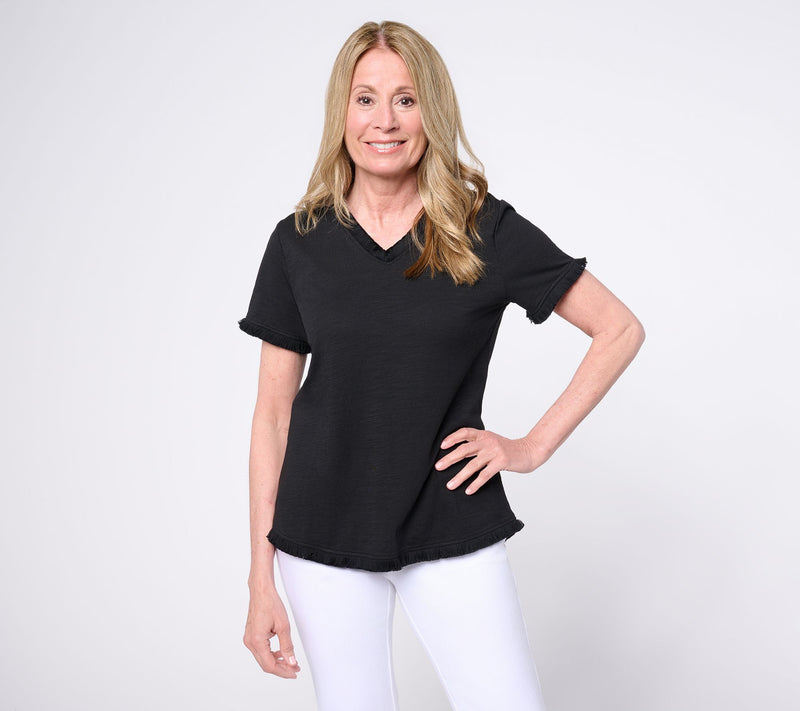 Belle by Kim Gravel Slub Knit V-Neck Top with Fringe Trim — View 14