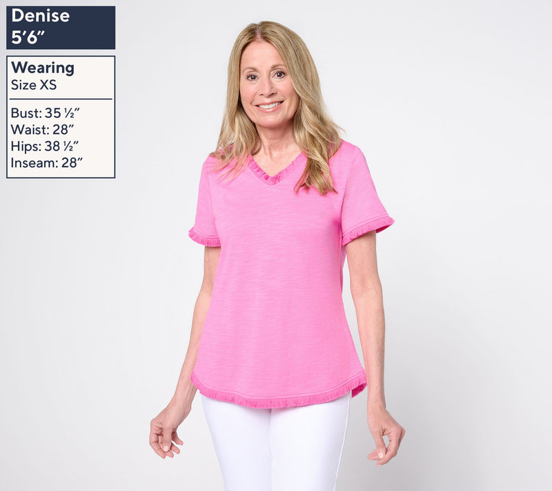 Belle by Kim Gravel Slub Knit V-Neck Top with Fringe Trim — View 3