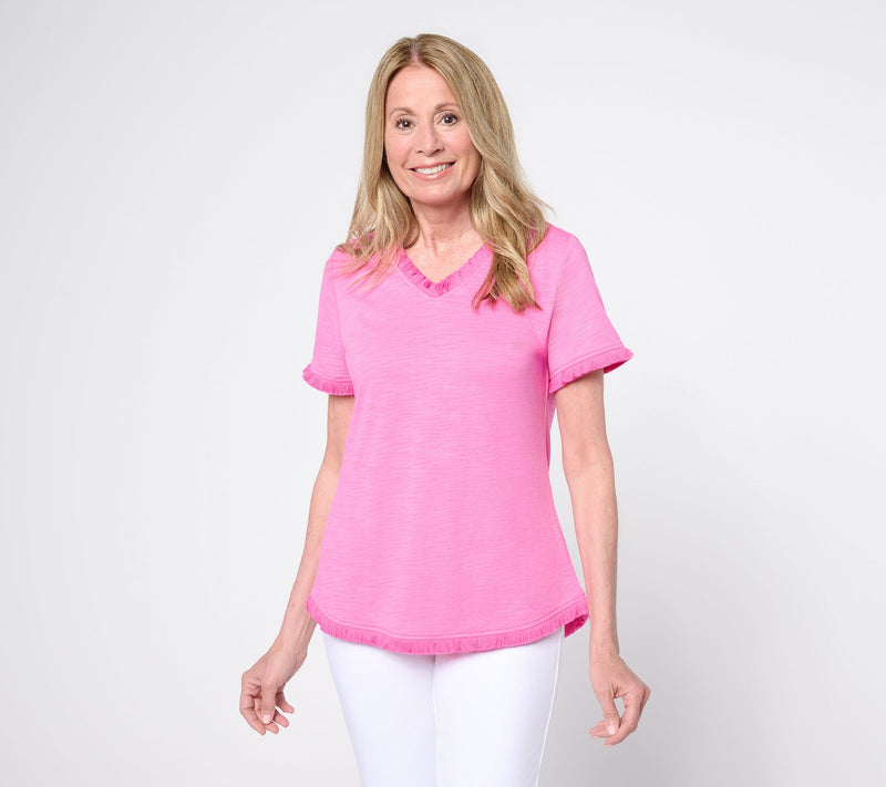 Belle by Kim Gravel Slub Knit V-Neck Top with Fringe Trim — Main view
