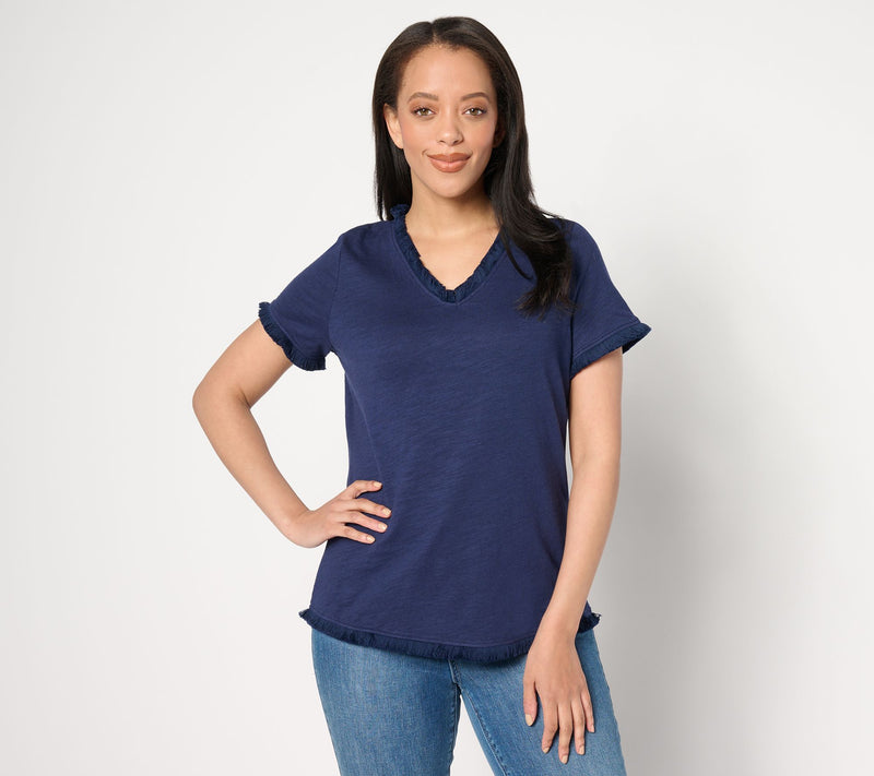 Belle by Kim Gravel Slub Knit V-Neck Top with Fringe Trim — View 18