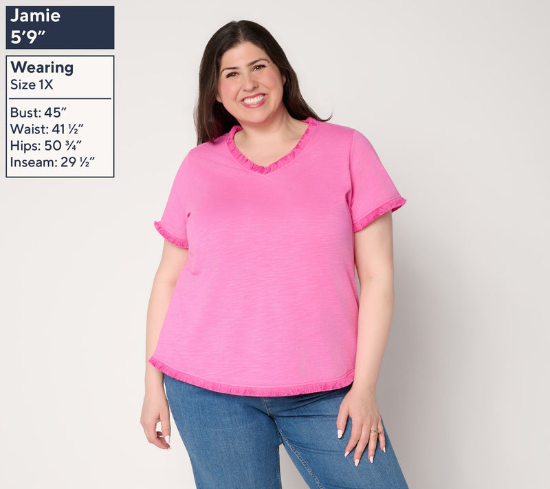 Belle by Kim Gravel Slub Knit V-Neck Top with Fringe Trim — View 2