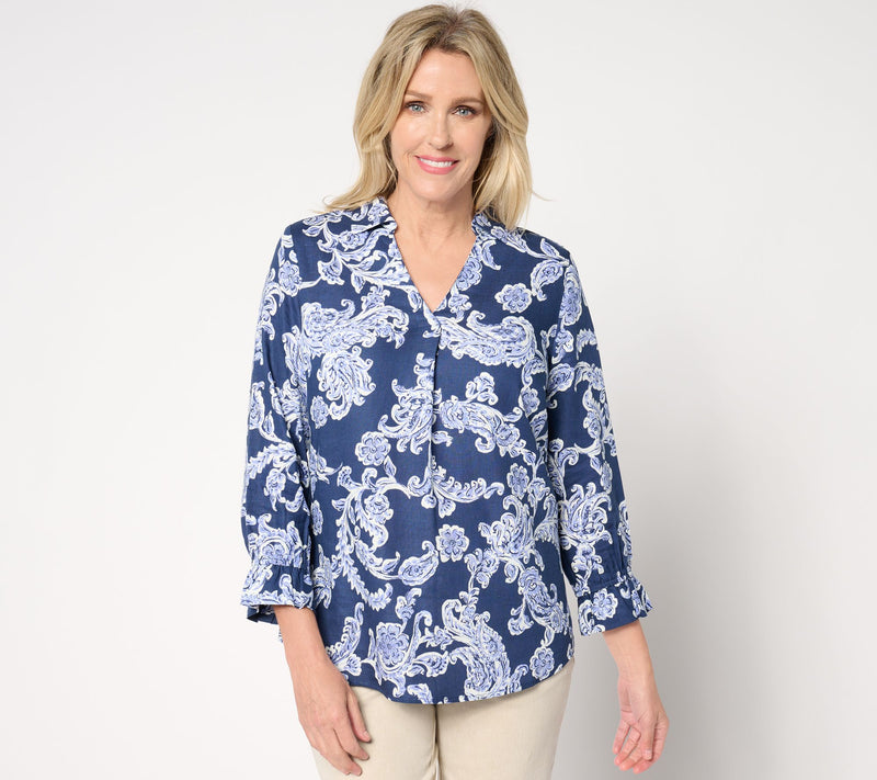 Belle by Kim Gravel Linen Rayon True Blue Popover Blouse — View 12