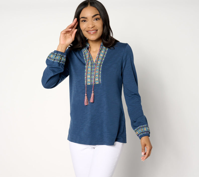Belle by_Kim Gravel Knit Balloon Sleeve Embroidered Tassel Top — View 12
