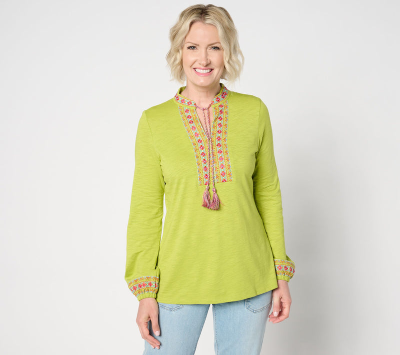 Belle by_Kim Gravel Knit Balloon Sleeve Embroidered Tassel Top — View 14