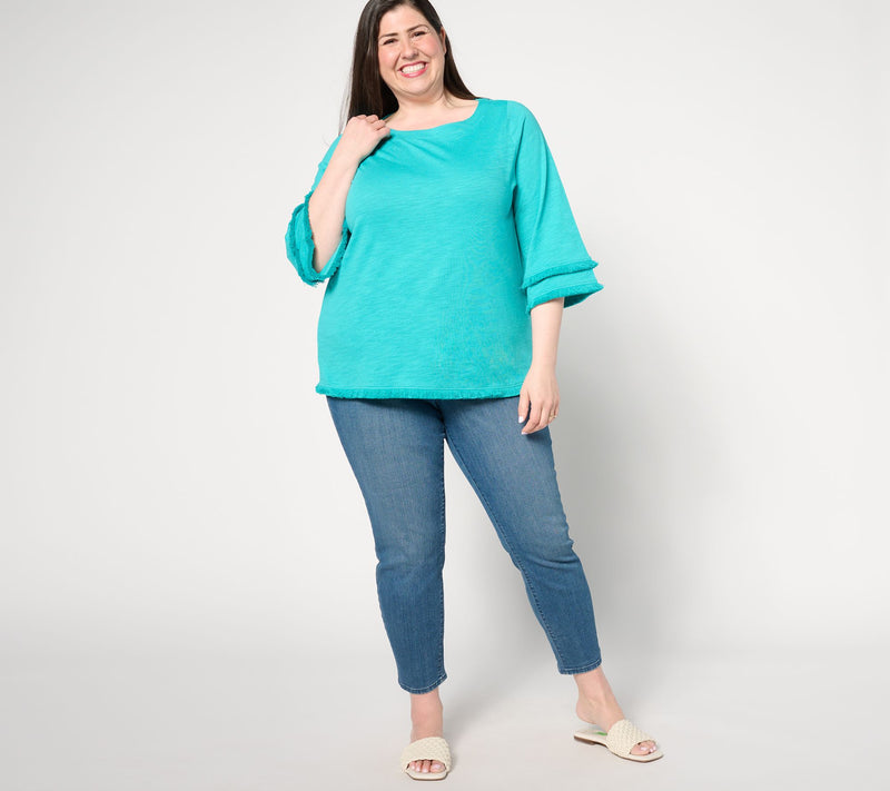 Belle by Kim Gravel Slub Knit Fringe Benefits 3/4 Sleeve Top — View 3