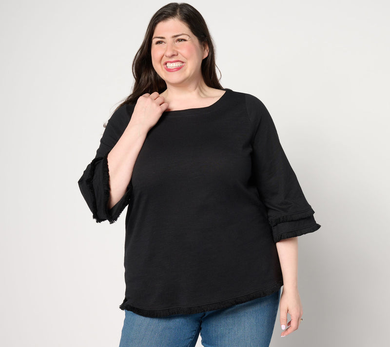 Belle by Kim Gravel Slub Knit Fringe Benefits 3/4 Sleeve Top — View 11