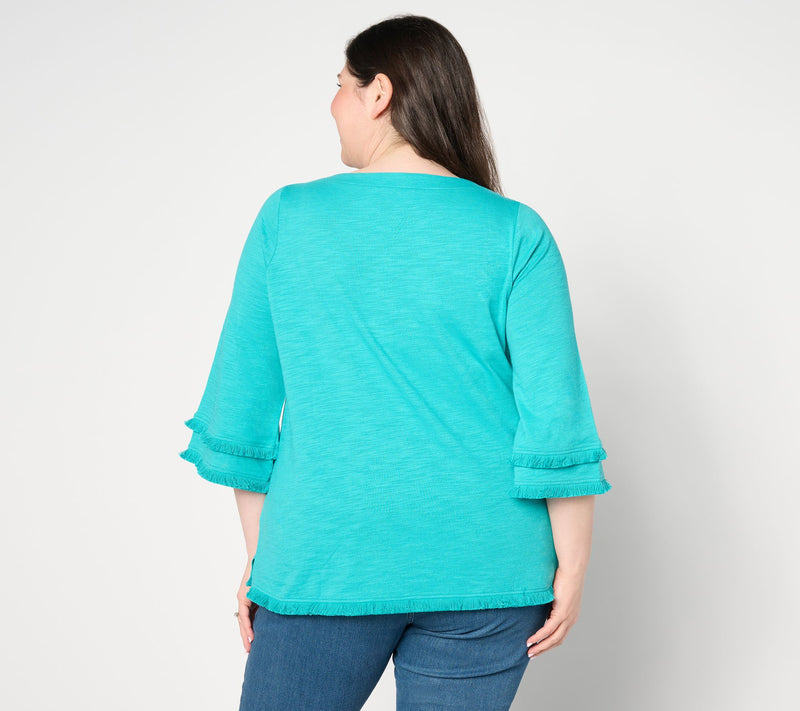 Belle by Kim Gravel Slub Knit Fringe Benefits 3/4 Sleeve Top — View 2
