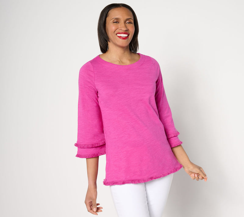 Belle by Kim Gravel Slub Knit Fringe Benefits 3/4 Sleeve Top — View 12