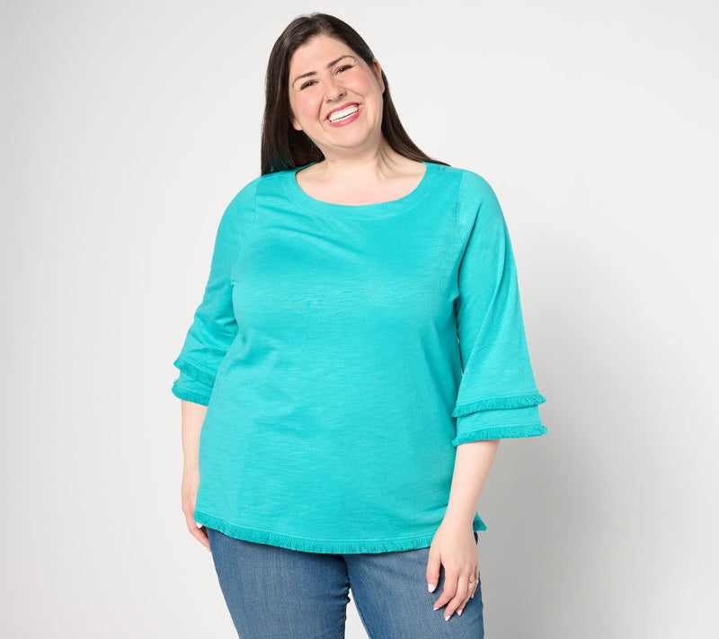 Belle by Kim Gravel Slub Knit Fringe Benefits 3/4 Sleeve Top — View 14