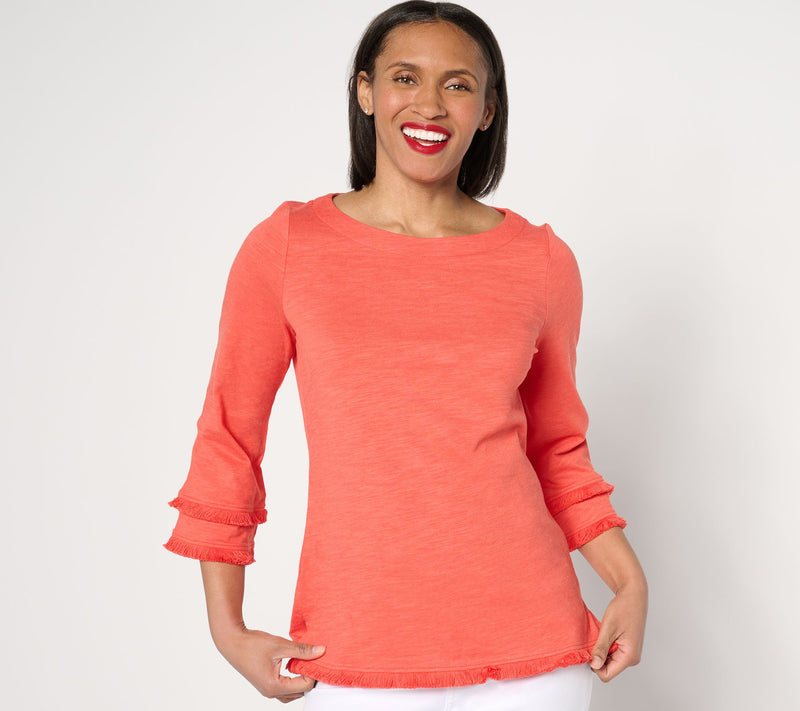Belle by Kim Gravel Slub Knit Fringe Benefits 3/4 Sleeve Top — View 15