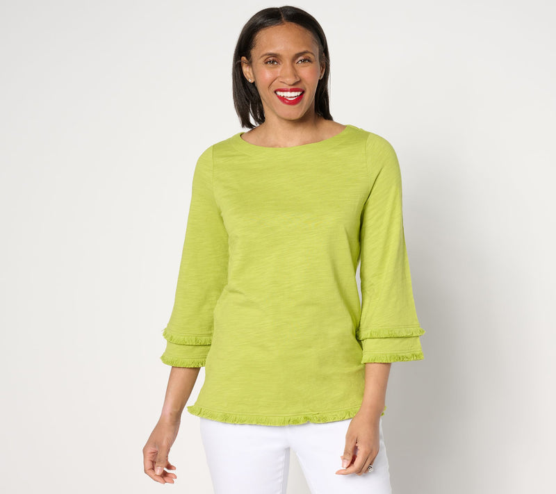 Belle by Kim Gravel Slub Knit Fringe Benefits 3/4 Sleeve Top — View 16