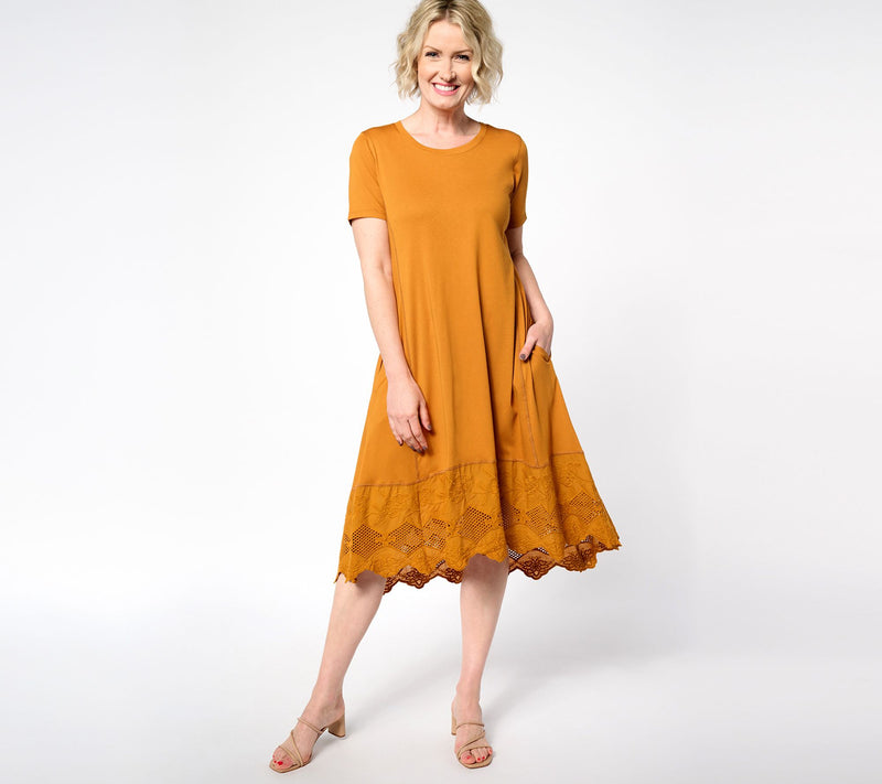 LOGO Lavish by Lori Goldstein Petite Knit Dress with Lace Hem — View 11