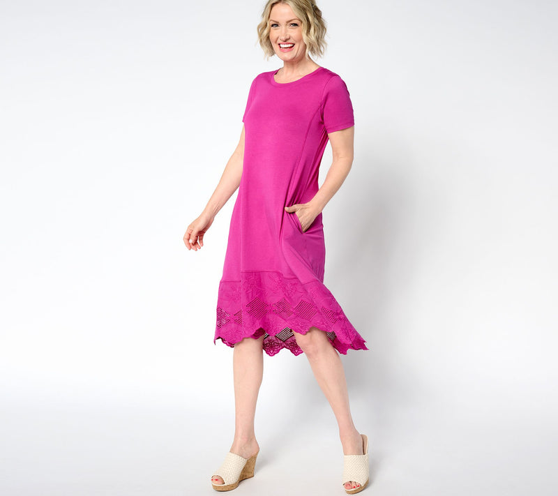 LOGO Lavish by Lori Goldstein Petite Knit Dress with Lace Hem — View 7