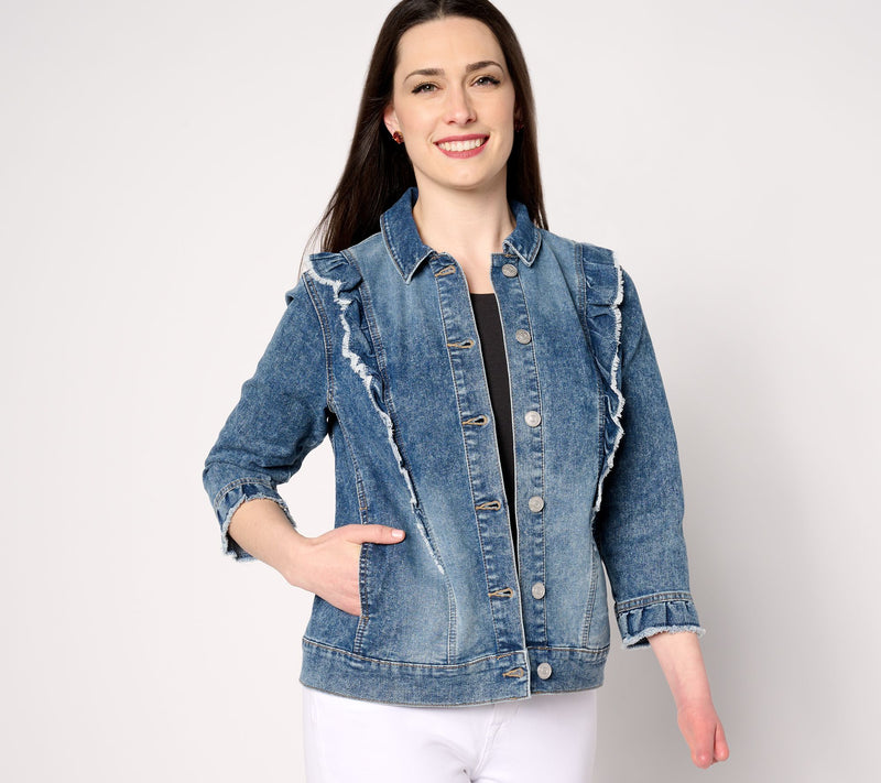 LOGO by Lori Goldstein Denim Jacket with Ruffle Detail — View 11
