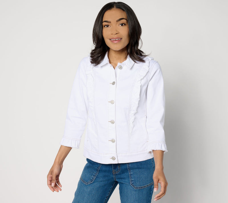 LOGO by Lori Goldstein Denim Jacket with Ruffle Detail — View 12