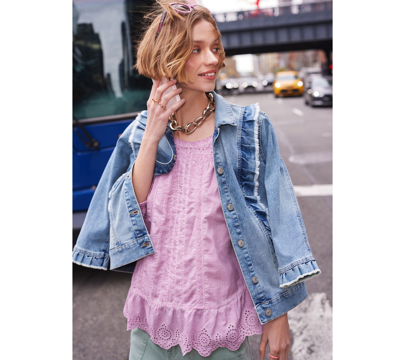 LOGO by Lori Goldstein Denim Jacket with Ruffle Detail — View 7