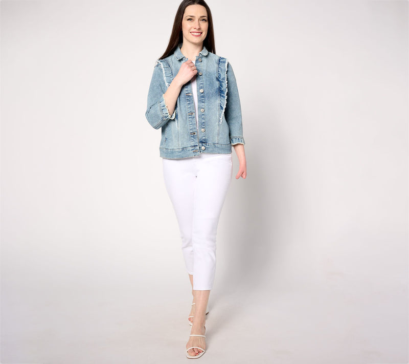 LOGO by Lori Goldstein Denim Jacket with Ruffle Detail — View 3