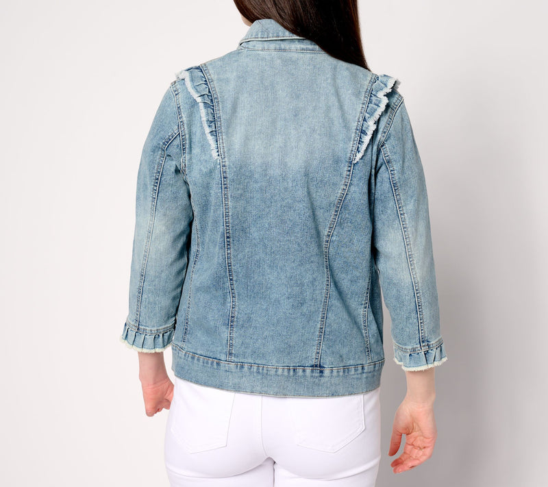 LOGO by Lori Goldstein Denim Jacket with Ruffle Detail — View 2