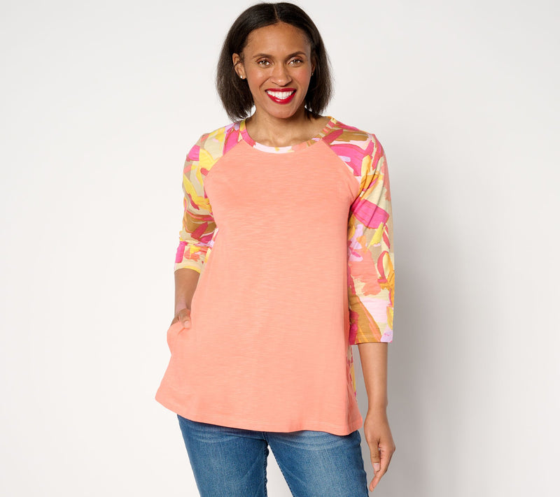 LOGO by Lori Goldstein Cotton Slub Print Mix Swing Top — View 12
