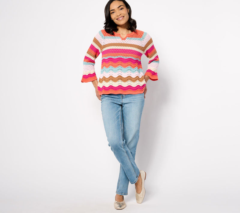 LOGO by Lori Goldstein 3/4-Sleeve Wave Crochet Sweater — View 9