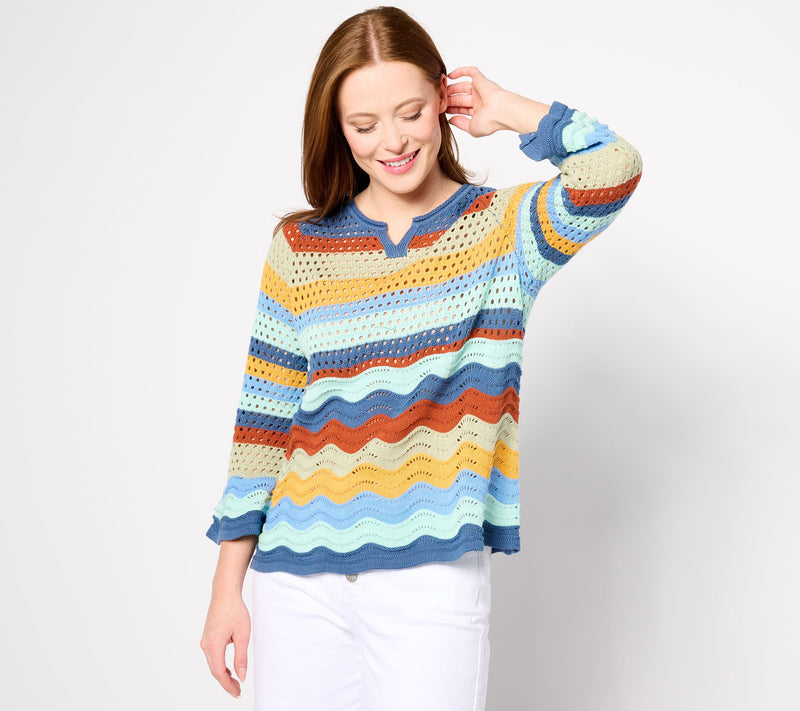 LOGO by Lori Goldstein 3/4-Sleeve Wave Crochet Sweater — View 7