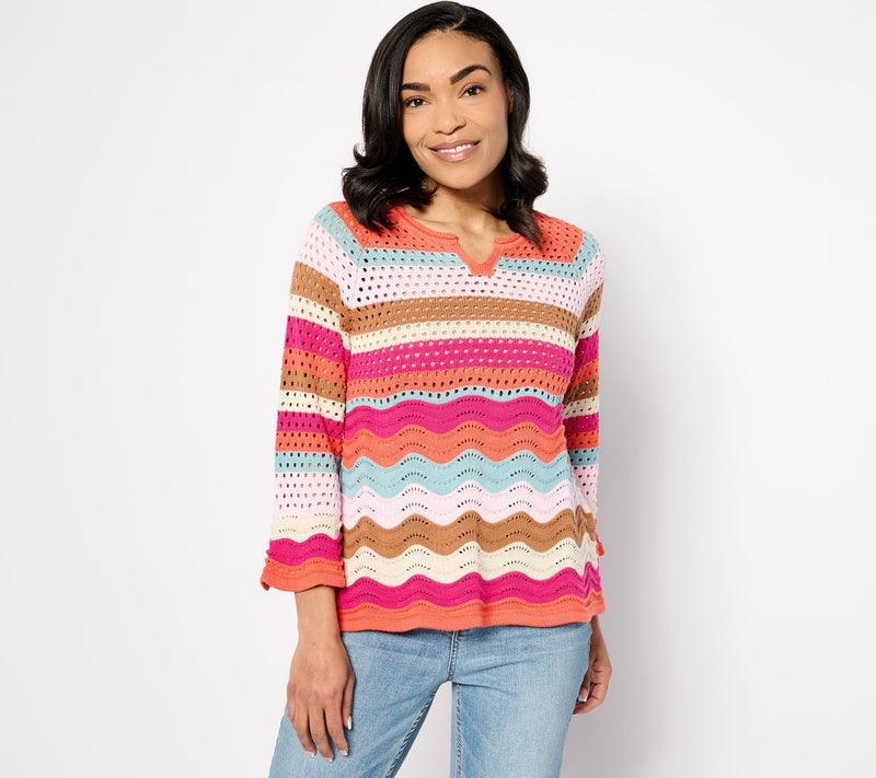 LOGO by Lori Goldstein 3/4-Sleeve Wave Crochet Sweater — View 3