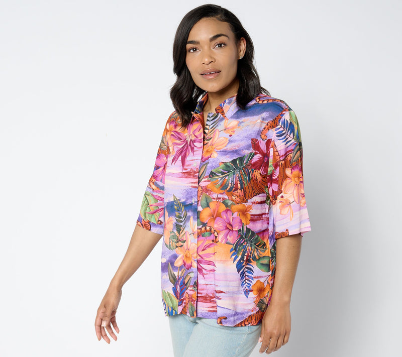 Women with Control Printed Woven Cabana Shirt — Main view
