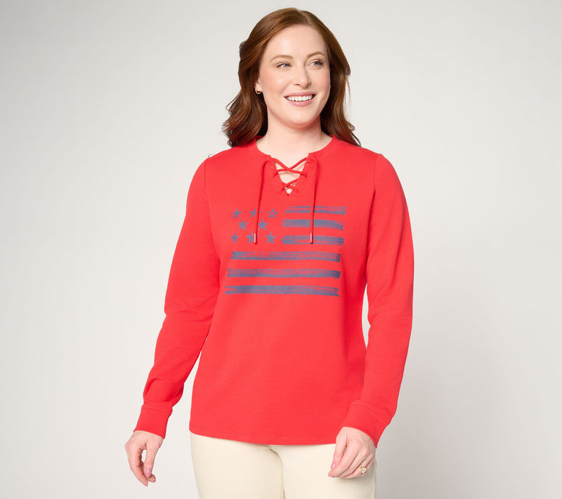 Denim & Co. Active Americana Flag French Terry Sweatshirt — Main view