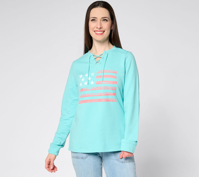 Denim & Co. Active Americana Flag French Terry Sweatshirt — View 19