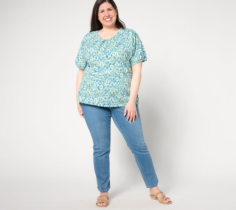 AnyBody Ruched V-Neck Short Sleeve Printed Knit Top — View 5
