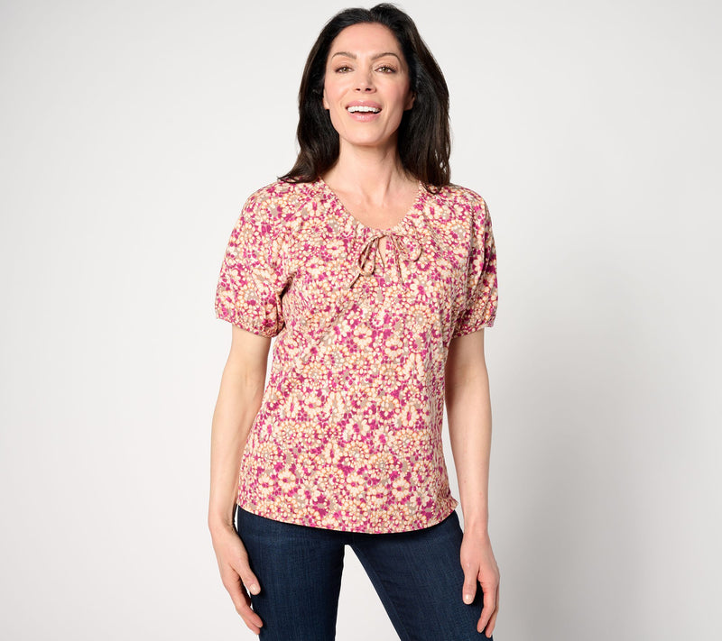 AnyBody Ruched V-Neck Short Sleeve Printed Knit Top — View 9