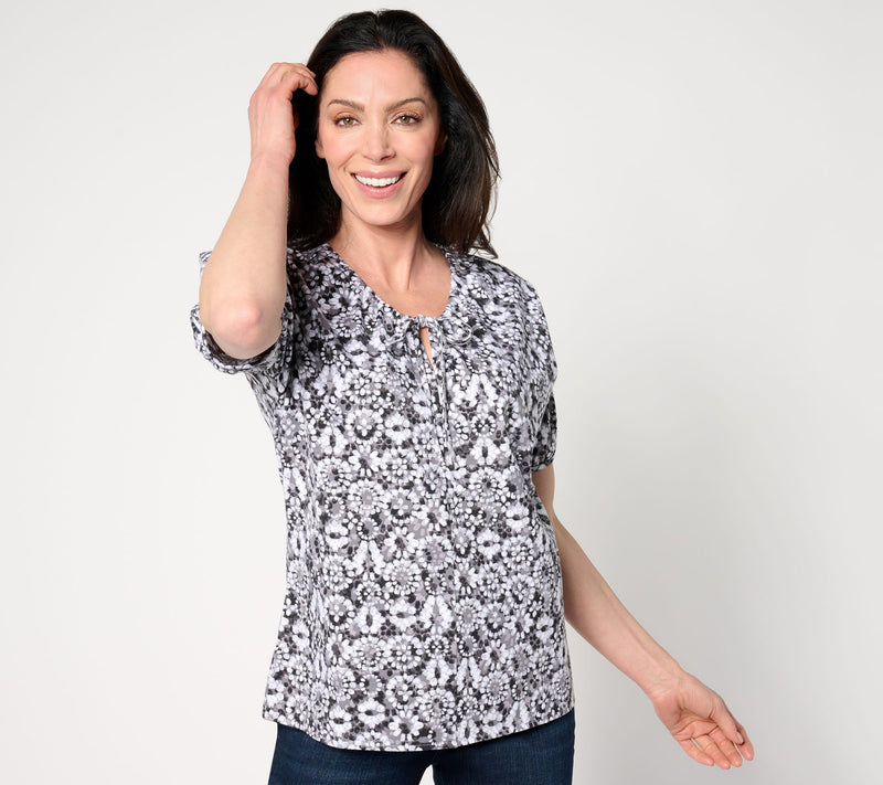 AnyBody Ruched V-Neck Short Sleeve Printed Knit Top — View 10