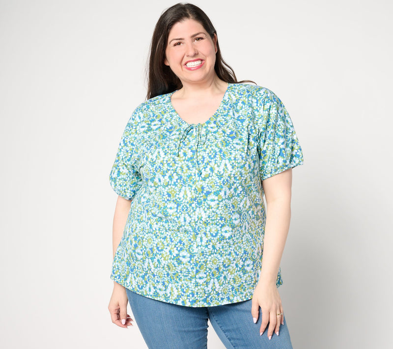 AnyBody Ruched V-Neck Short Sleeve Printed Knit Top — View 3