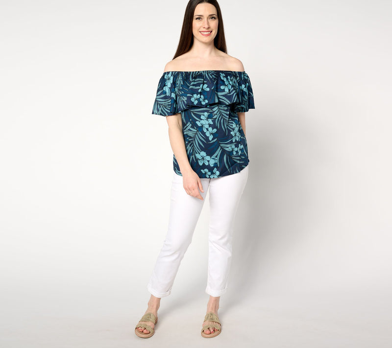 AnyBody Printed Off The Shoulder Ruffle Woven Top — View 3