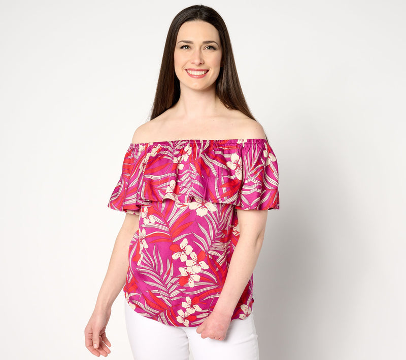 AnyBody Printed Off The Shoulder Ruffle Woven Top — View 8