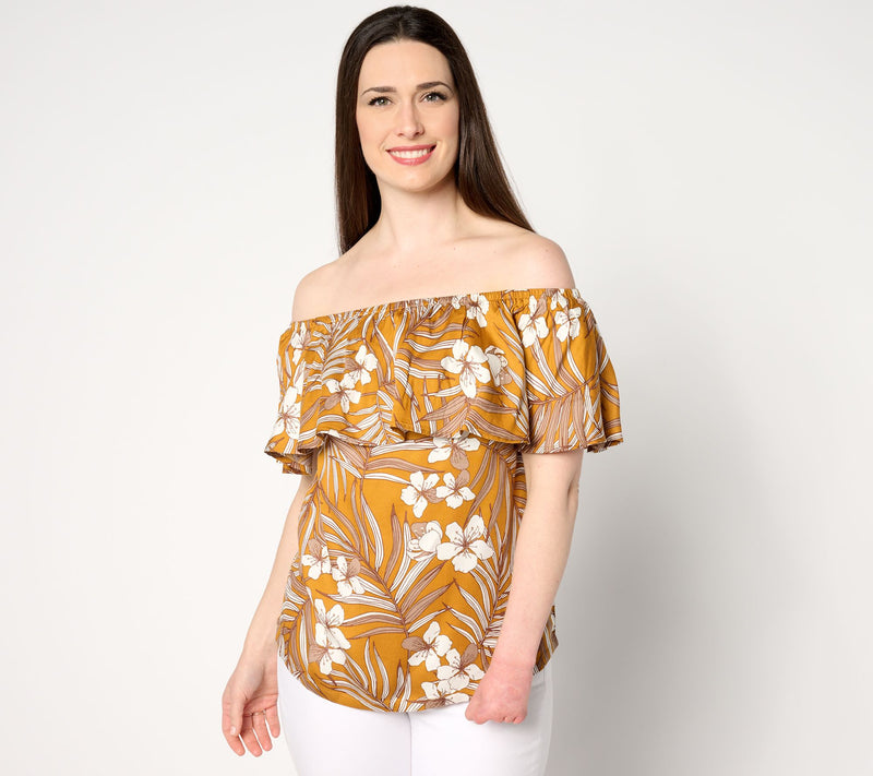 AnyBody Printed Off The Shoulder Ruffle Woven Top — View 9