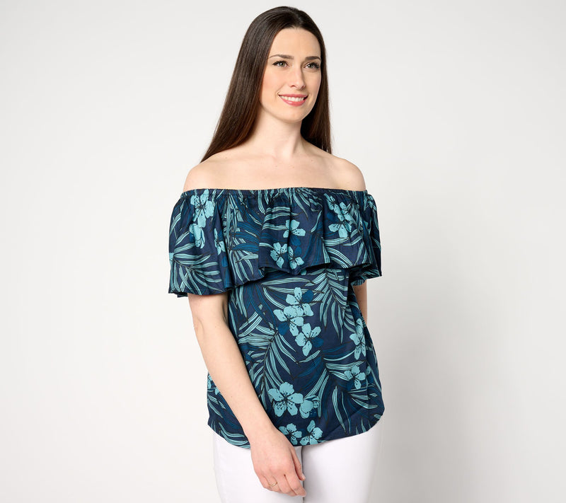 AnyBody Printed Off The Shoulder Ruffle Woven Top — Main view