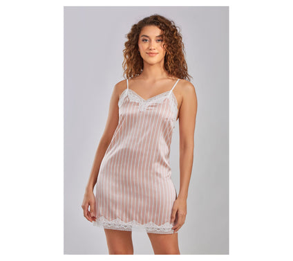 iCollections Sa tin Stripe Chem ise Lounge Dres s w/ Lace Trim