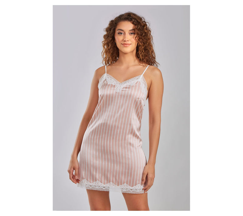 iCollections Sa tin Stripe Chem ise Lounge Dres s w/ Lace Trim — Main view